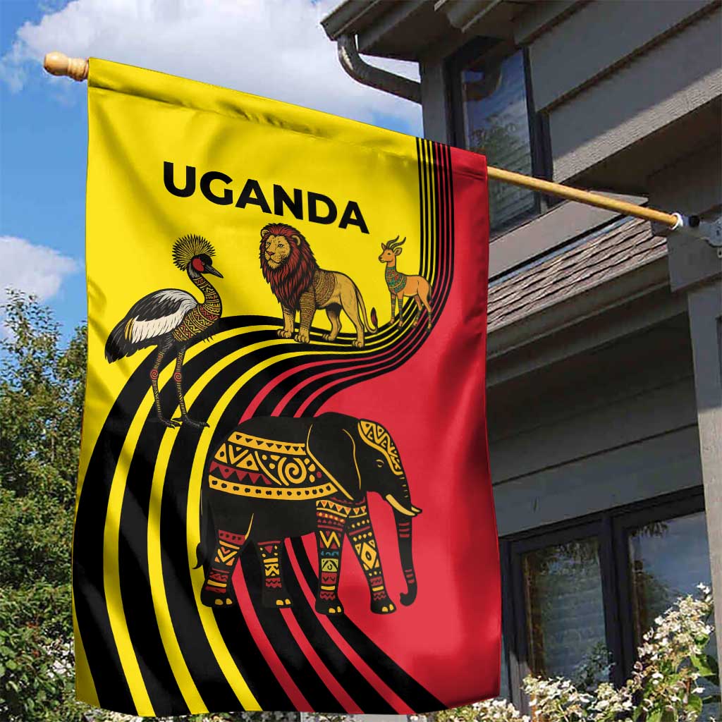 Uganda Garden Flag - African Wildlife Elephant Lion and Crane in Tribal Pattern Design TS04