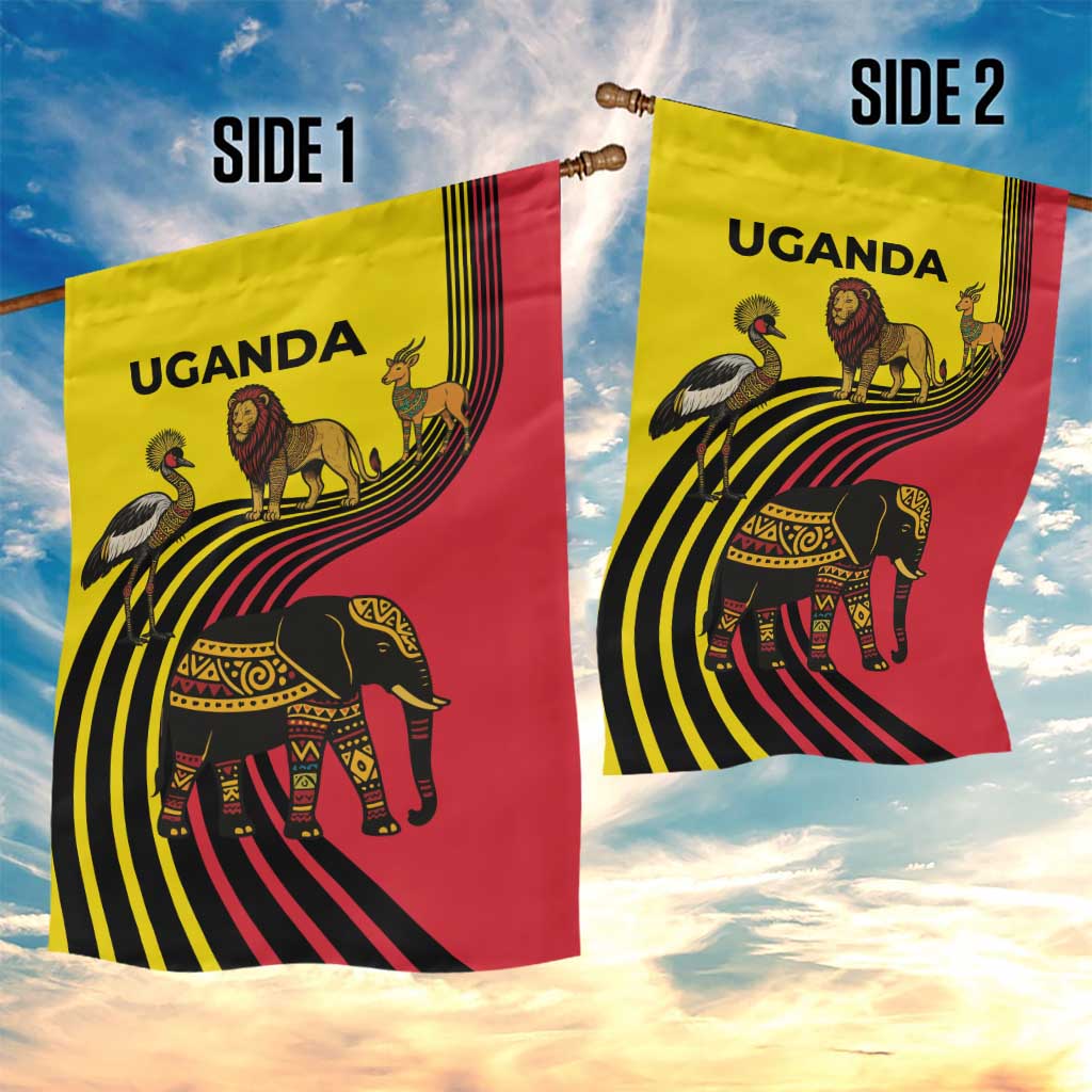 Uganda Garden Flag - African Wildlife Elephant Lion and Crane in Tribal Pattern Design TS04