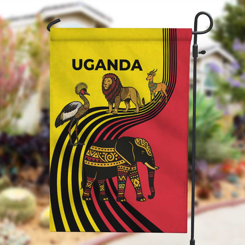 Uganda Garden Flag - African Wildlife Elephant Lion and Crane in Tribal Pattern Design TS04