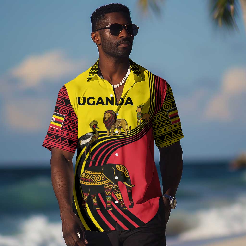 Uganda Hawaiian Shirt - African Wildlife Elephant Lion and Crane in Tribal Pattern Design TS04