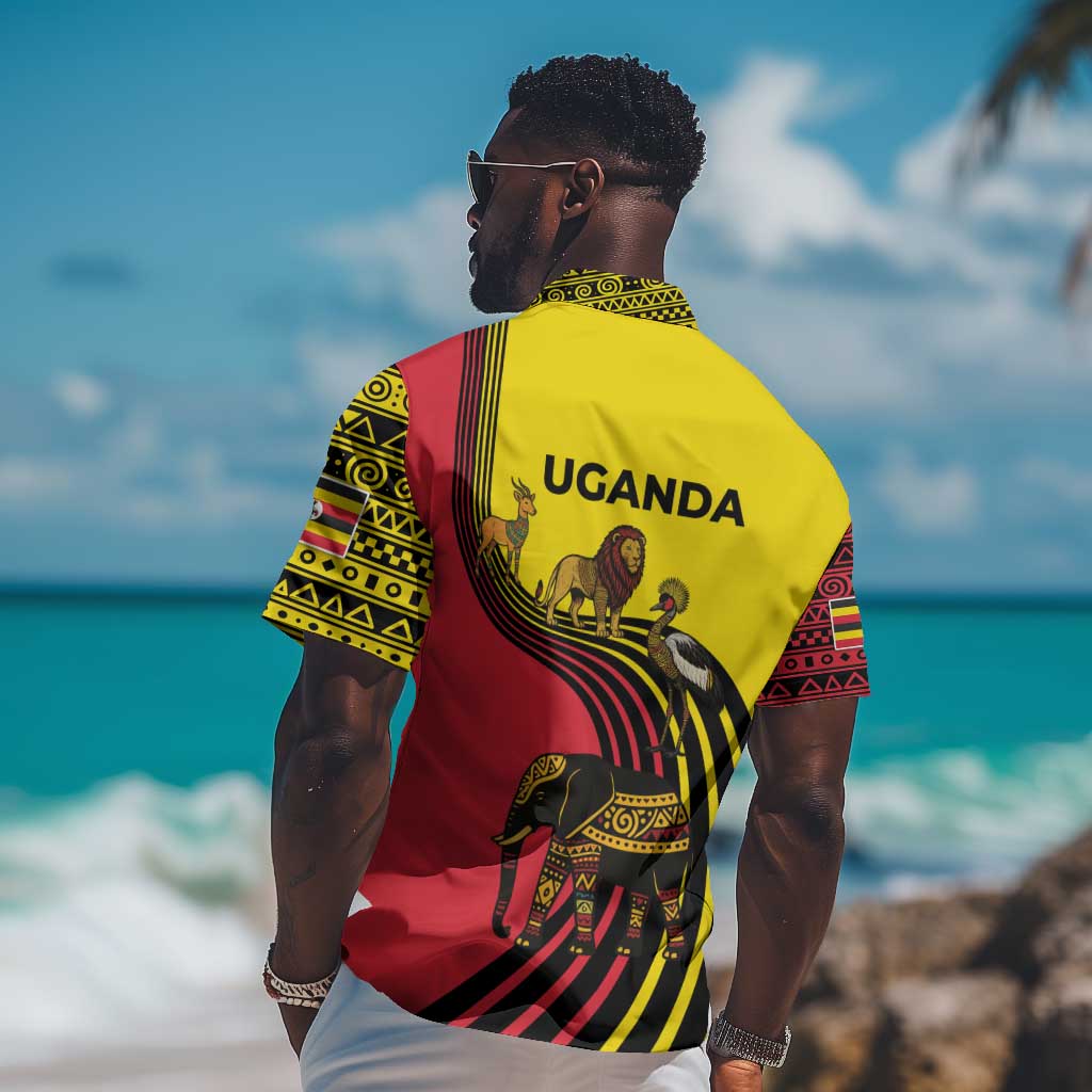 Uganda Hawaiian Shirt - African Wildlife Elephant Lion and Crane in Tribal Pattern Design TS04