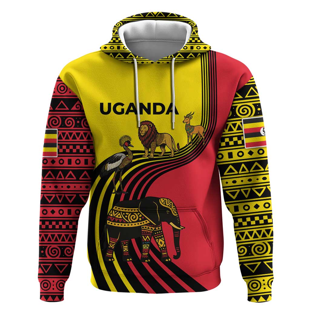 Uganda Hoodie with African Wildlife Elephant Lion and Crane in Tribal Pattern Design TS04