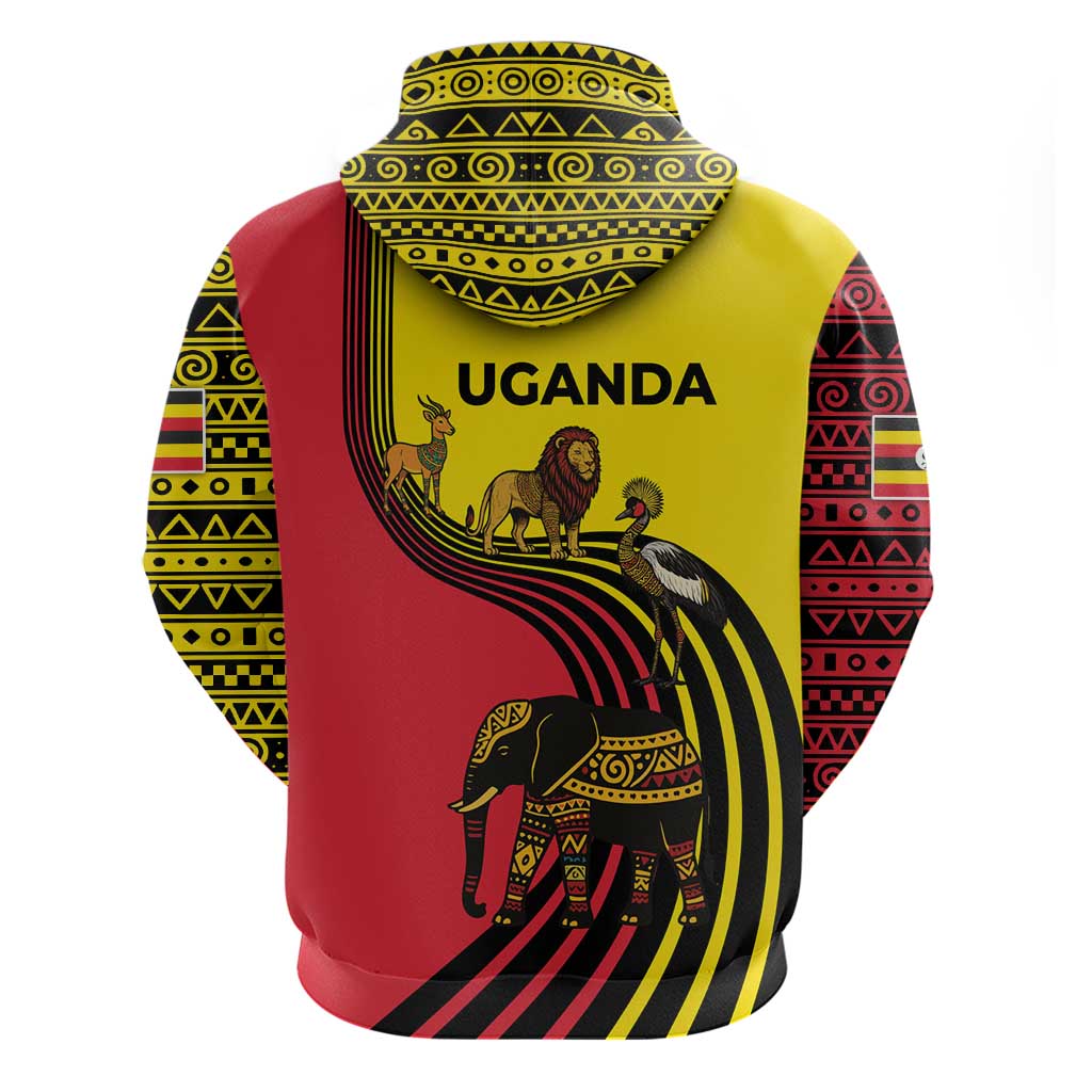 Uganda Hoodie with African Wildlife Elephant Lion and Crane in Tribal Pattern Design TS04