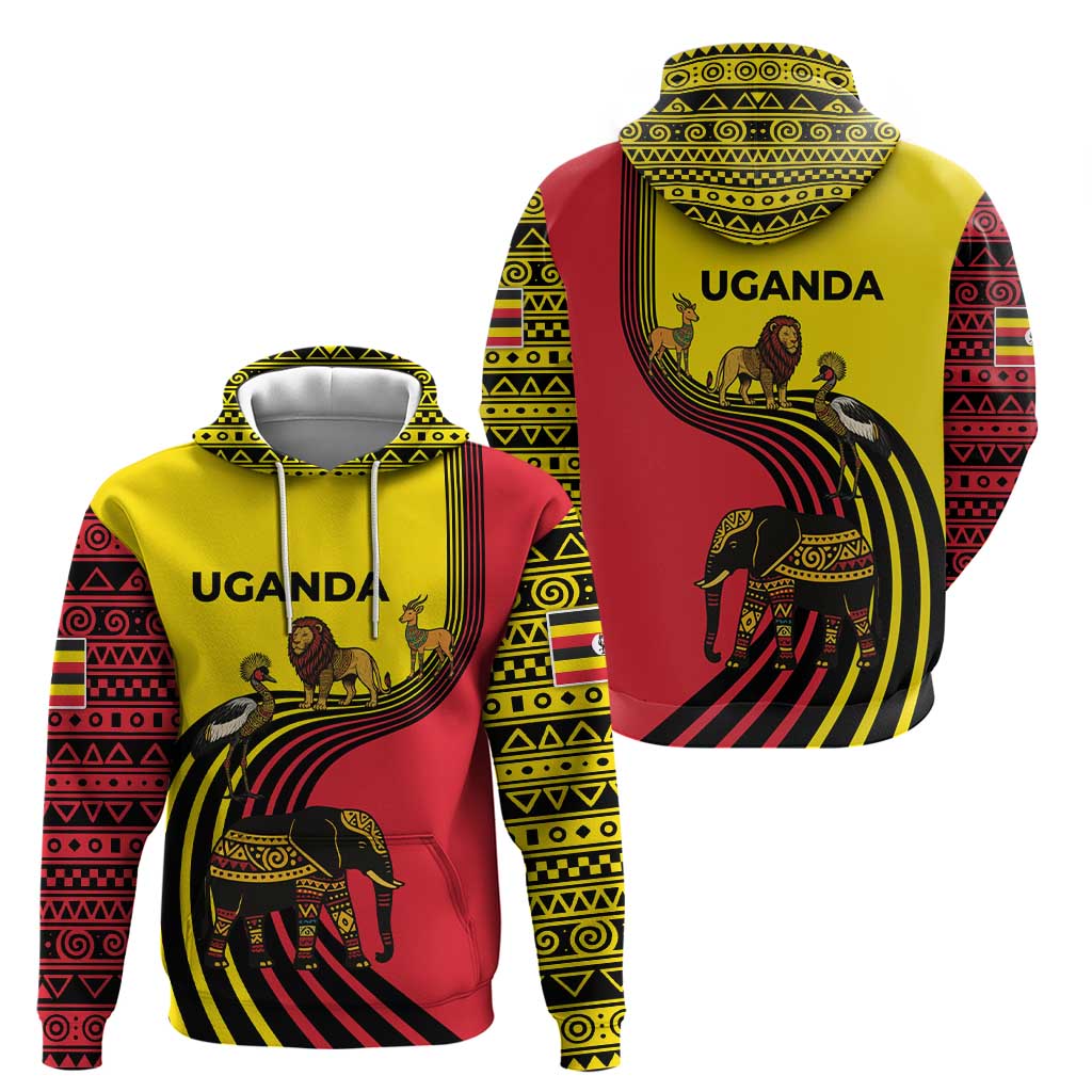 Uganda Hoodie with African Wildlife Elephant Lion and Crane in Tribal Pattern Design TS04