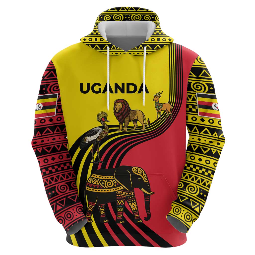 Uganda Hoodie with African Wildlife Elephant Lion and Crane in Tribal Pattern Design TS04