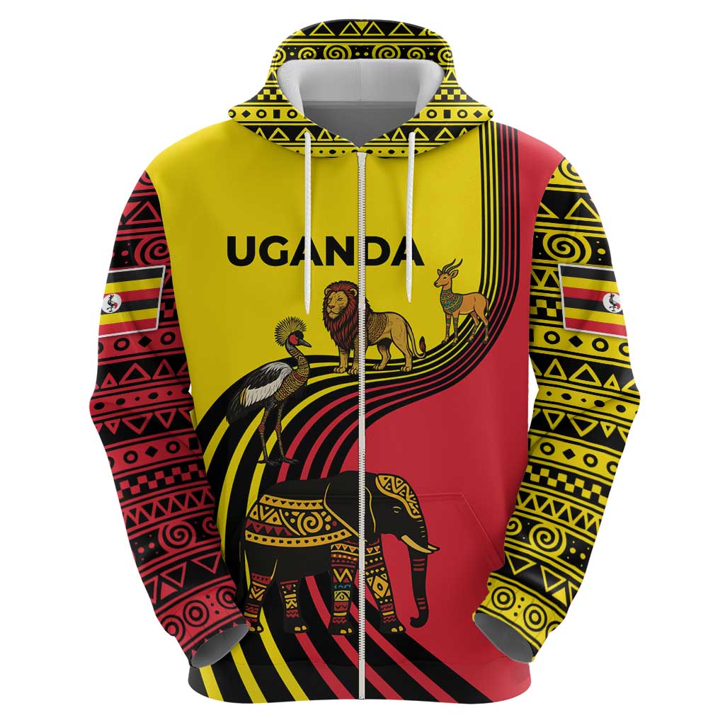 Uganda Hoodie with African Wildlife Elephant Lion and Crane in Tribal Pattern Design TS04