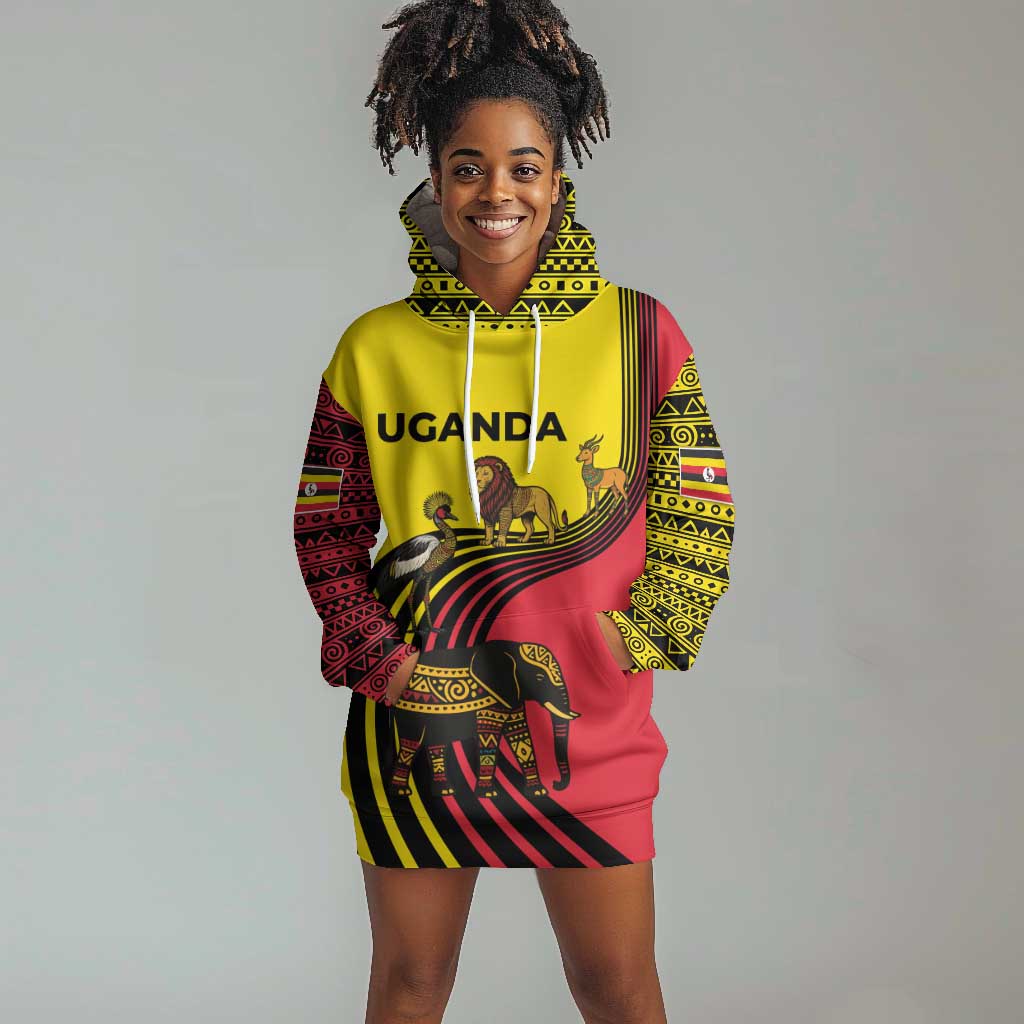 Uganda Hoodie Dress - African Wildlife Elephant Lion and Crane in Tribal Pattern Design TS04