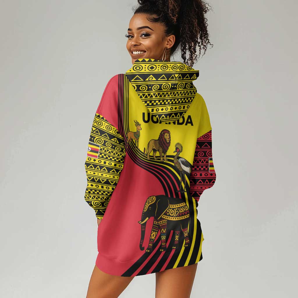 Uganda Hoodie Dress - African Wildlife Elephant Lion and Crane in Tribal Pattern Design TS04