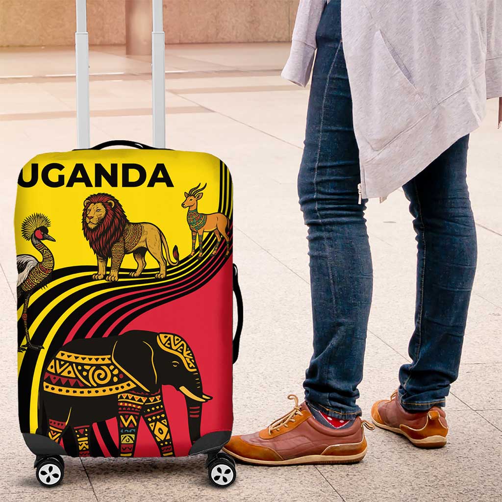 Uganda Luggage Cover with African Wildlife Elephant Lion and Crane in Tribal Pattern Design TS04
