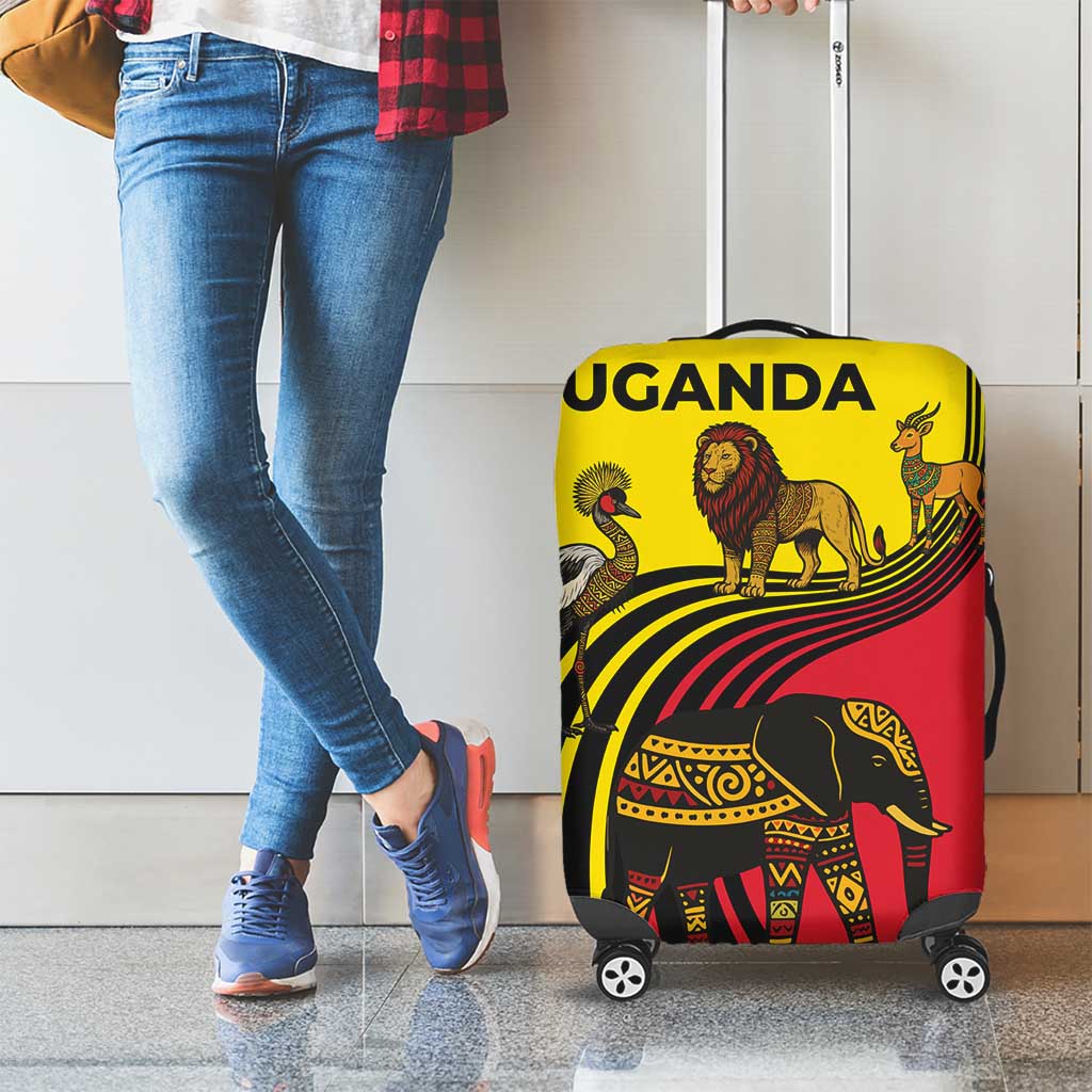 Uganda Luggage Cover with African Wildlife Elephant Lion and Crane in Tribal Pattern Design TS04