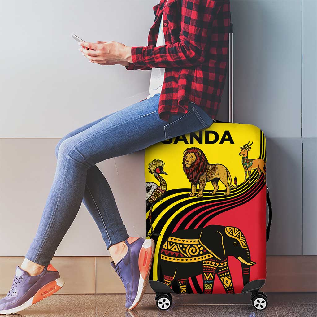 Uganda Luggage Cover with African Wildlife Elephant Lion and Crane in Tribal Pattern Design TS04