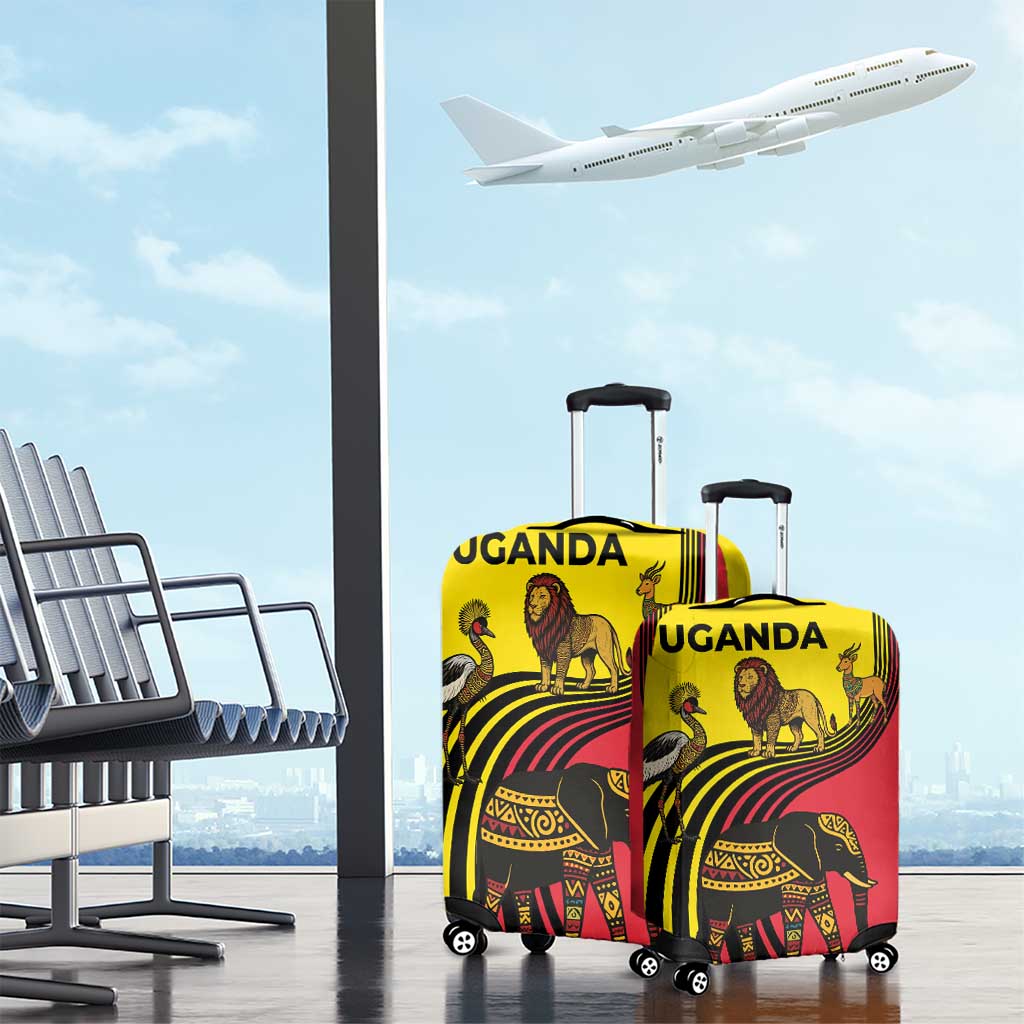 Uganda Luggage Cover with African Wildlife Elephant Lion and Crane in Tribal Pattern Design TS04