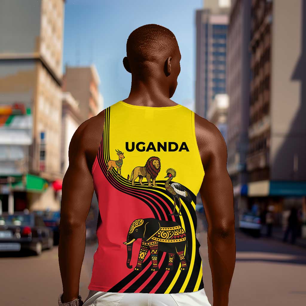 Uganda Men Tank Top - African Wildlife Elephant Lion and Crane in Tribal Pattern Design TS04