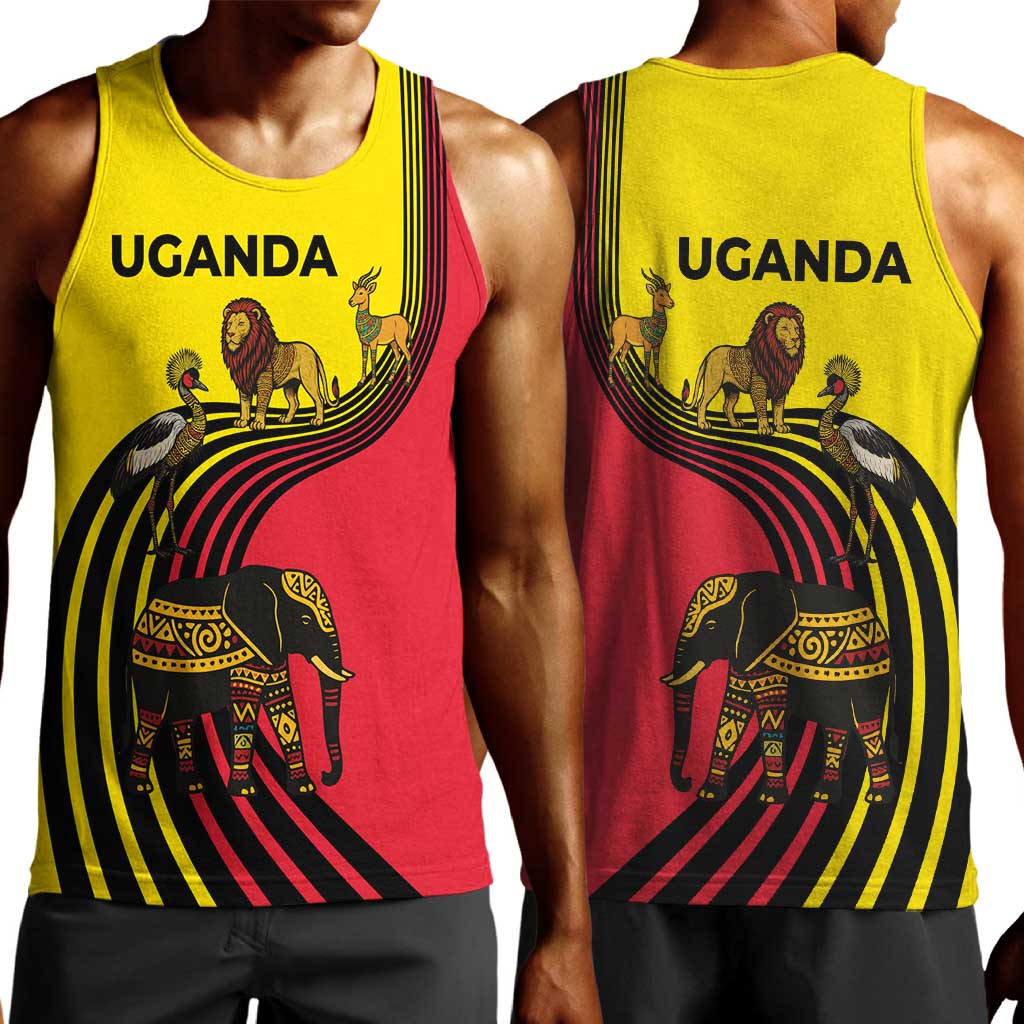 Uganda Men Tank Top - African Wildlife Elephant Lion and Crane in Tribal Pattern Design TS04