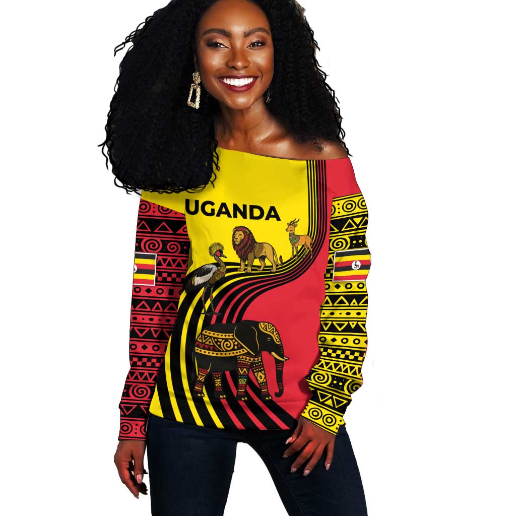 Uganda Off Shoulder Sweater - African Wildlife Elephant Lion and Crane in Tribal Pattern Design TS04