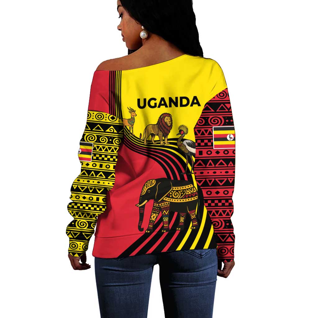 Uganda Off Shoulder Sweater - African Wildlife Elephant Lion and Crane in Tribal Pattern Design TS04