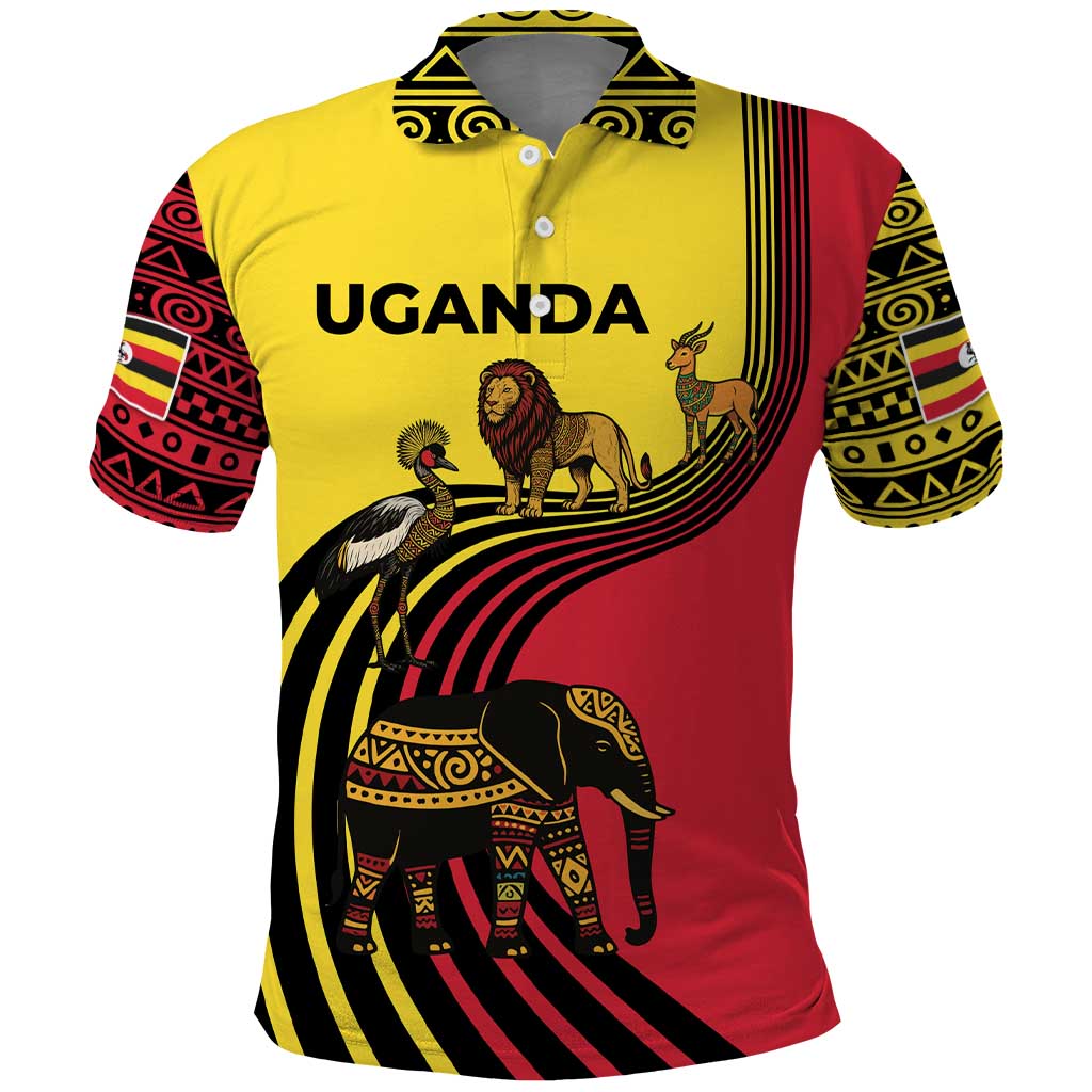 Uganda Polo Shirt with African Wildlife Elephant Lion and Crane in Tribal Pattern Design TS04