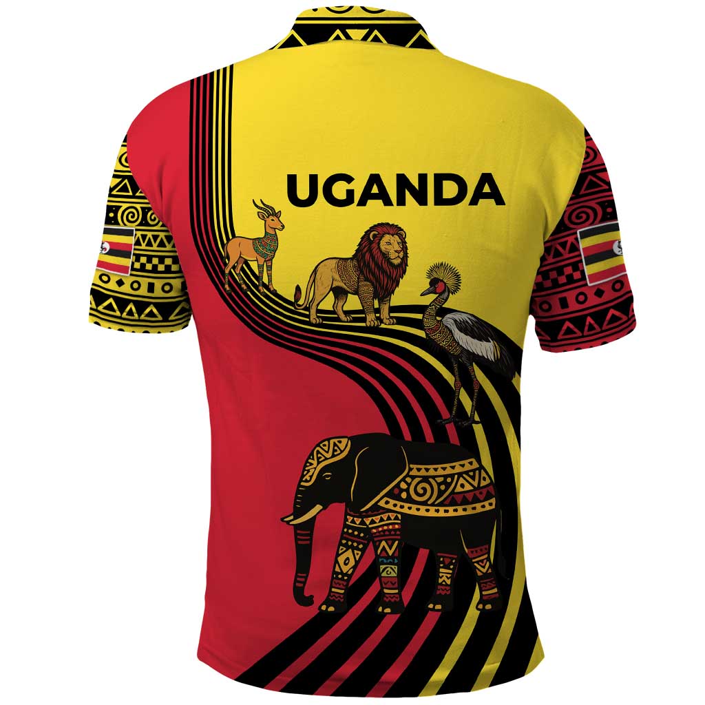 Uganda Polo Shirt with African Wildlife Elephant Lion and Crane in Tribal Pattern Design TS04