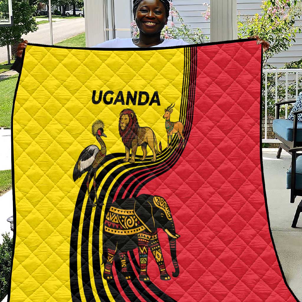 Uganda Quilt - African Wildlife Elephant Lion and Crane in Tribal Pattern Design TS04