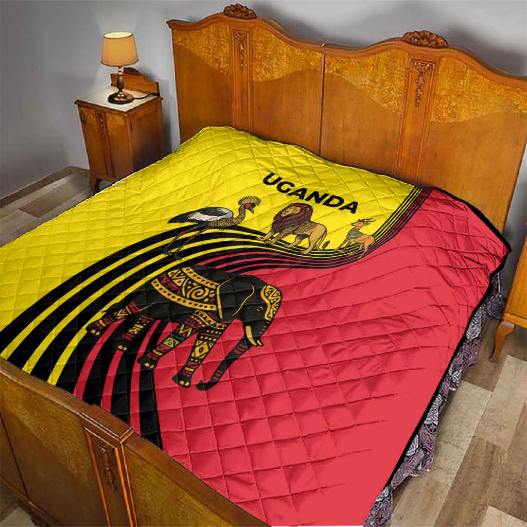 Uganda Quilt - African Wildlife Elephant Lion and Crane in Tribal Pattern Design TS04