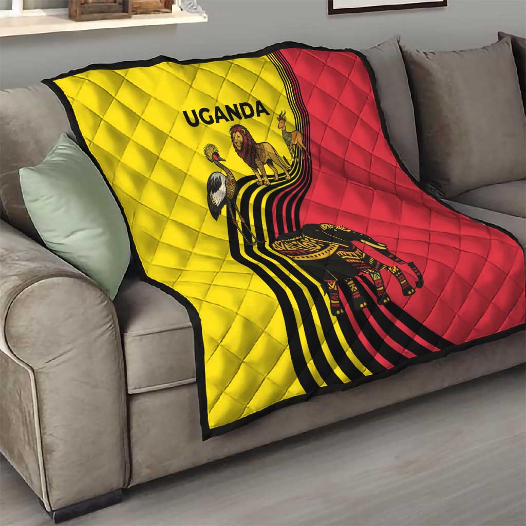 Uganda Quilt - African Wildlife Elephant Lion and Crane in Tribal Pattern Design TS04
