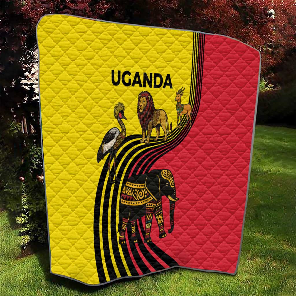 Uganda Quilt - African Wildlife Elephant Lion and Crane in Tribal Pattern Design TS04