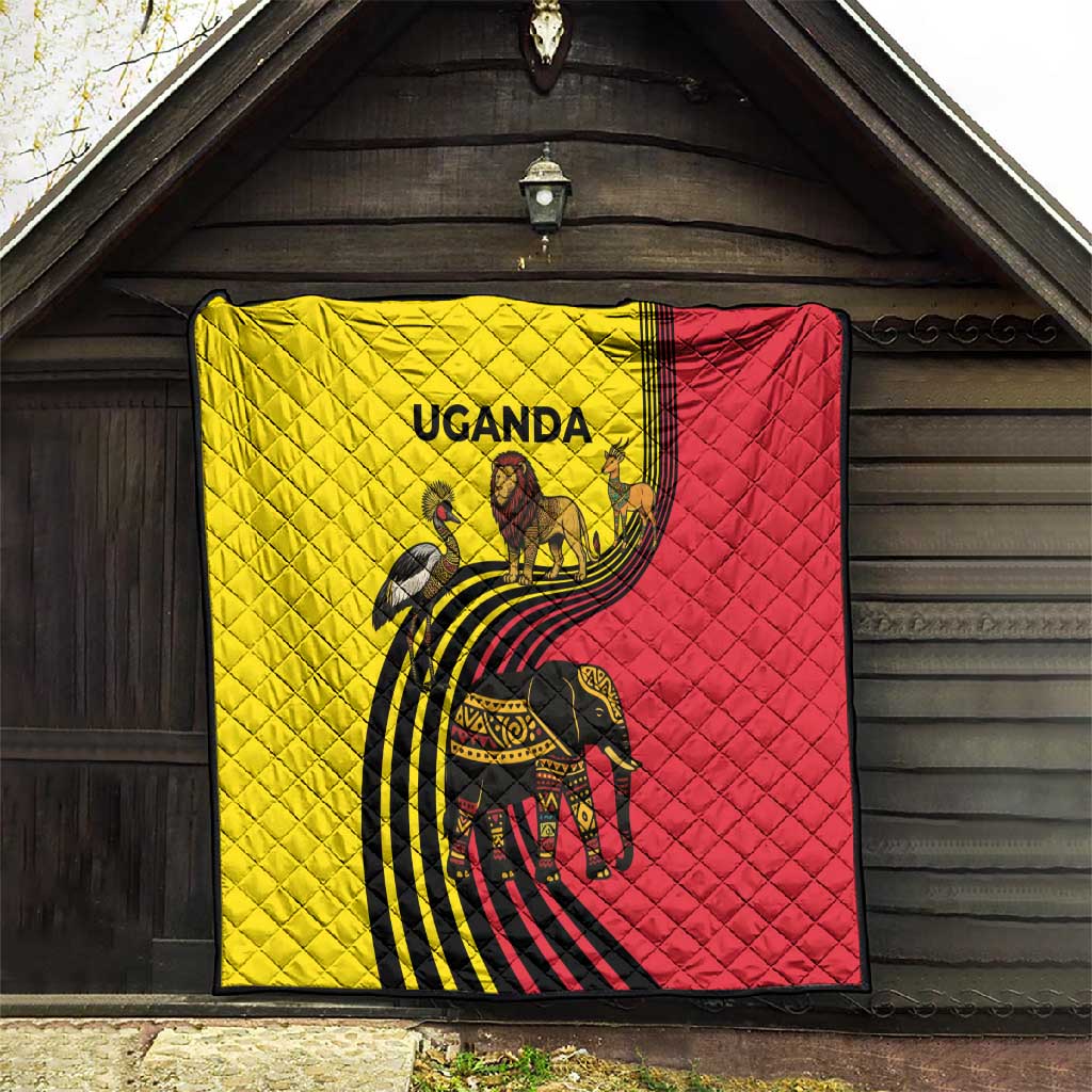 Uganda Quilt - African Wildlife Elephant Lion and Crane in Tribal Pattern Design TS04