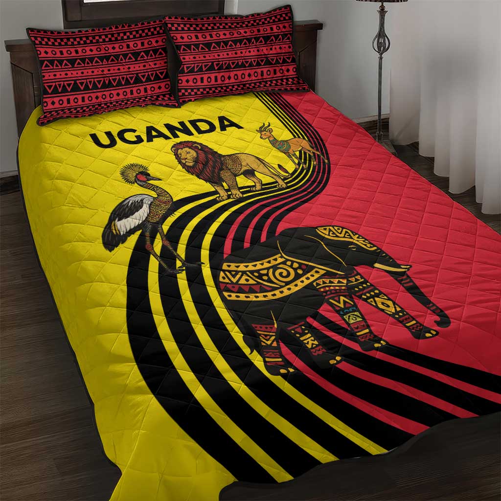 Uganda Quilt Bed Set - African Wildlife Elephant Lion and Crane in Tribal Pattern Design TS04