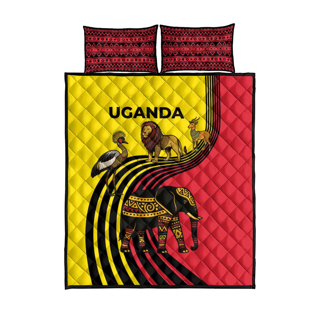 Uganda Quilt Bed Set - African Wildlife Elephant Lion and Crane in Tribal Pattern Design TS04