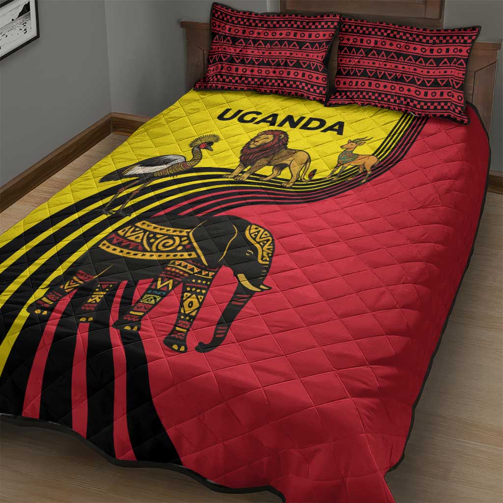 Uganda Quilt Bed Set - African Wildlife Elephant Lion and Crane in Tribal Pattern Design TS04