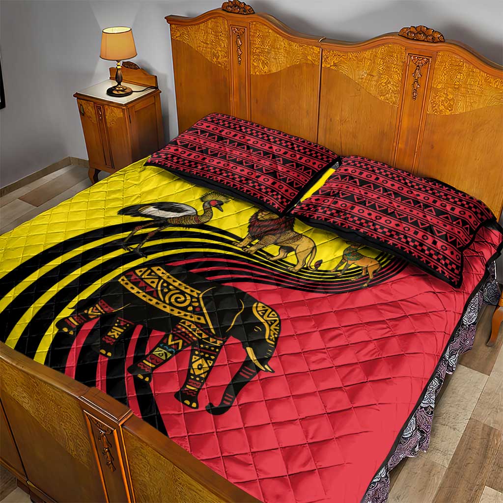 Uganda Quilt Bed Set - African Wildlife Elephant Lion and Crane in Tribal Pattern Design TS04