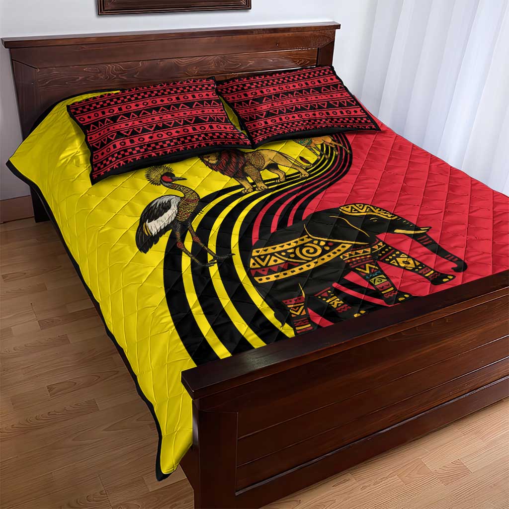 Uganda Quilt Bed Set - African Wildlife Elephant Lion and Crane in Tribal Pattern Design TS04