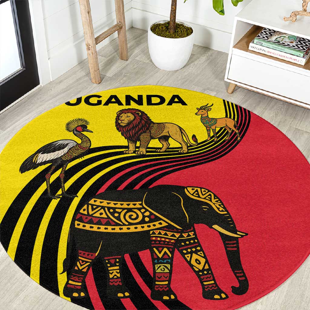 Uganda Round Carpet - African Wildlife Elephant Lion and Crane in Tribal Pattern Design TS04