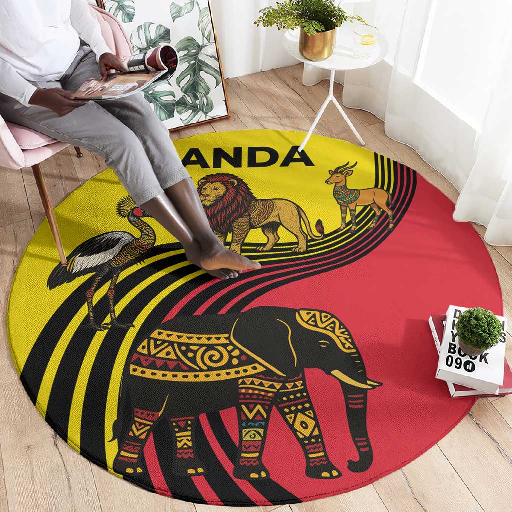 Uganda Round Carpet - African Wildlife Elephant Lion and Crane in Tribal Pattern Design TS04