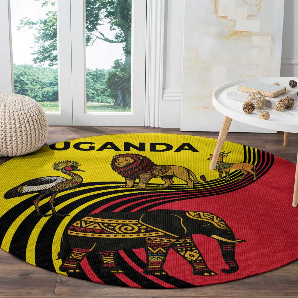 Uganda Round Carpet - African Wildlife Elephant Lion and Crane in Tribal Pattern Design TS04
