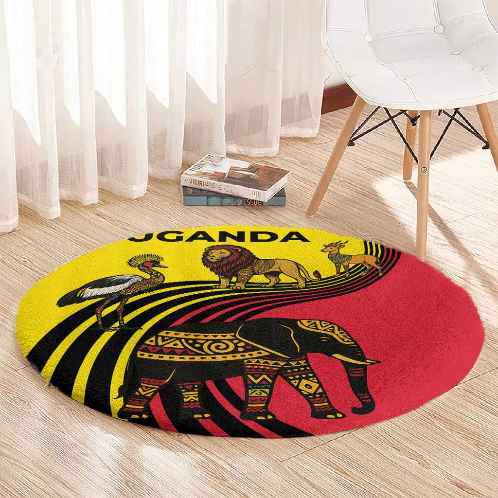 Uganda Round Carpet - African Wildlife Elephant Lion and Crane in Tribal Pattern Design TS04