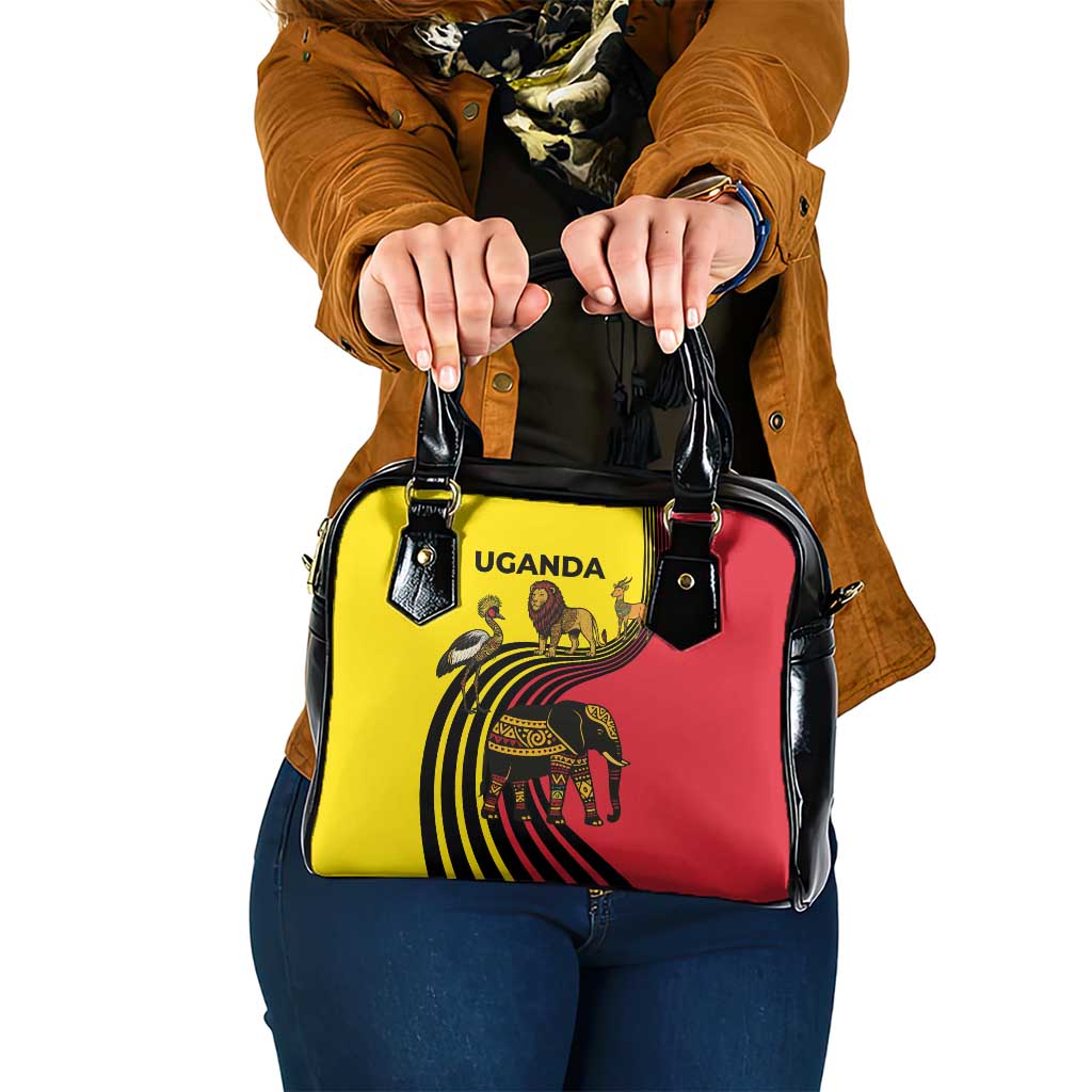 Uganda Shoulder Handbag with African Wildlife Elephant Lion and Crane in Tribal Pattern Design TS04