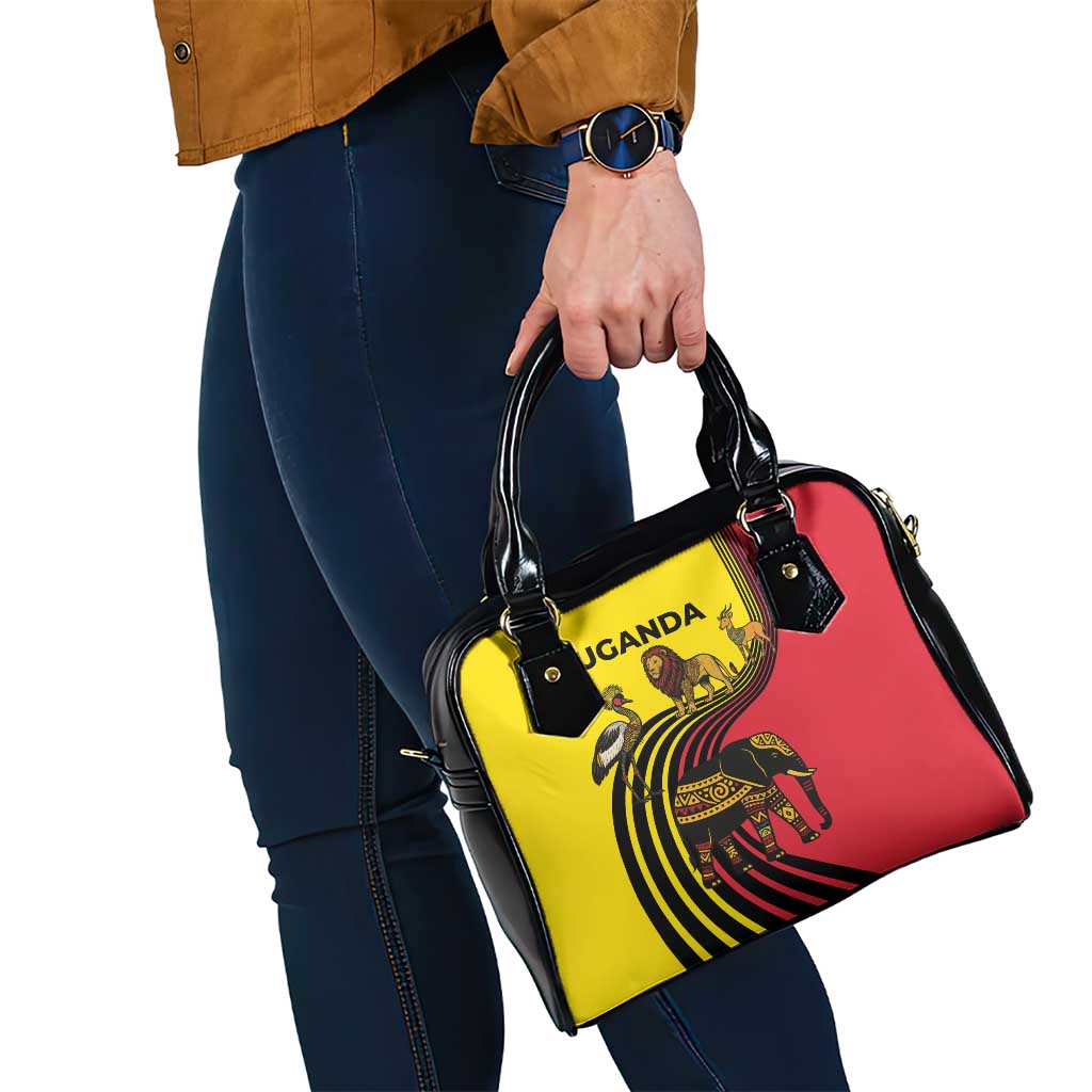 Uganda Shoulder Handbag with African Wildlife Elephant Lion and Crane in Tribal Pattern Design TS04