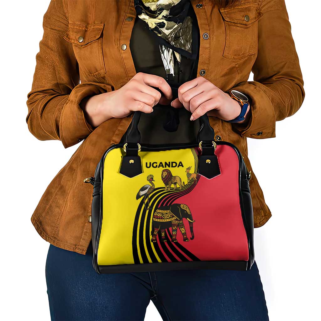 Uganda Shoulder Handbag with African Wildlife Elephant Lion and Crane in Tribal Pattern Design TS04
