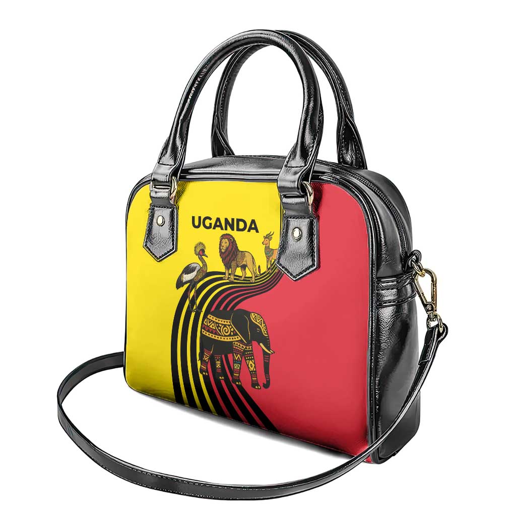 Uganda Shoulder Handbag with African Wildlife Elephant Lion and Crane in Tribal Pattern Design TS04