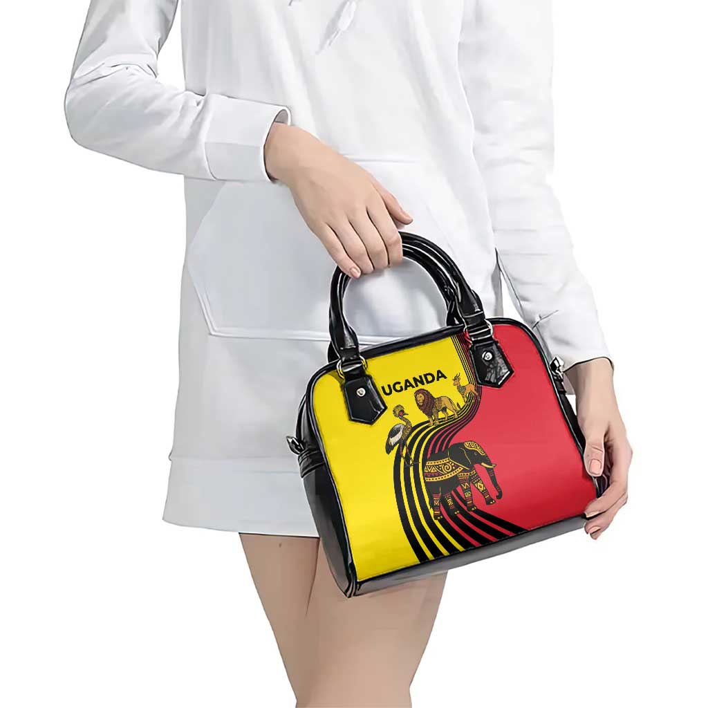 Uganda Shoulder Handbag with African Wildlife Elephant Lion and Crane in Tribal Pattern Design TS04