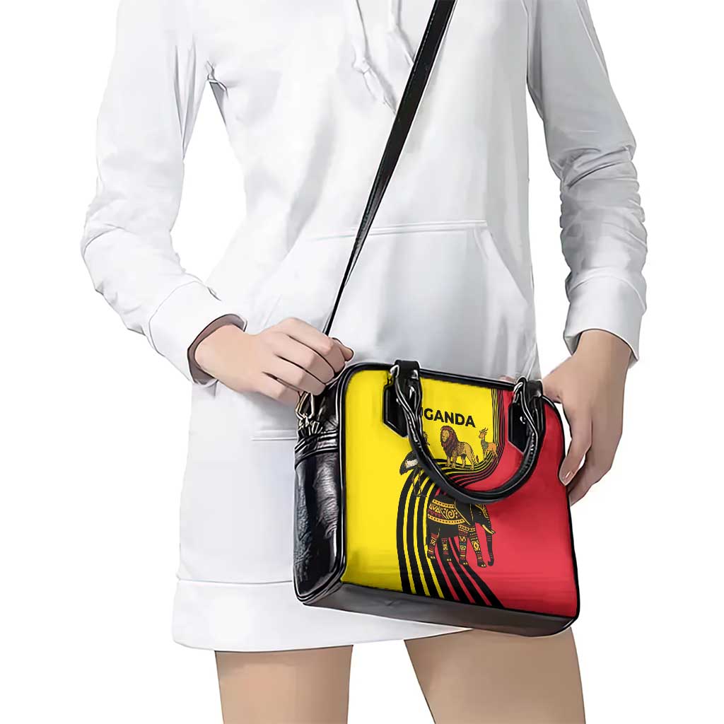 Uganda Shoulder Handbag with African Wildlife Elephant Lion and Crane in Tribal Pattern Design TS04