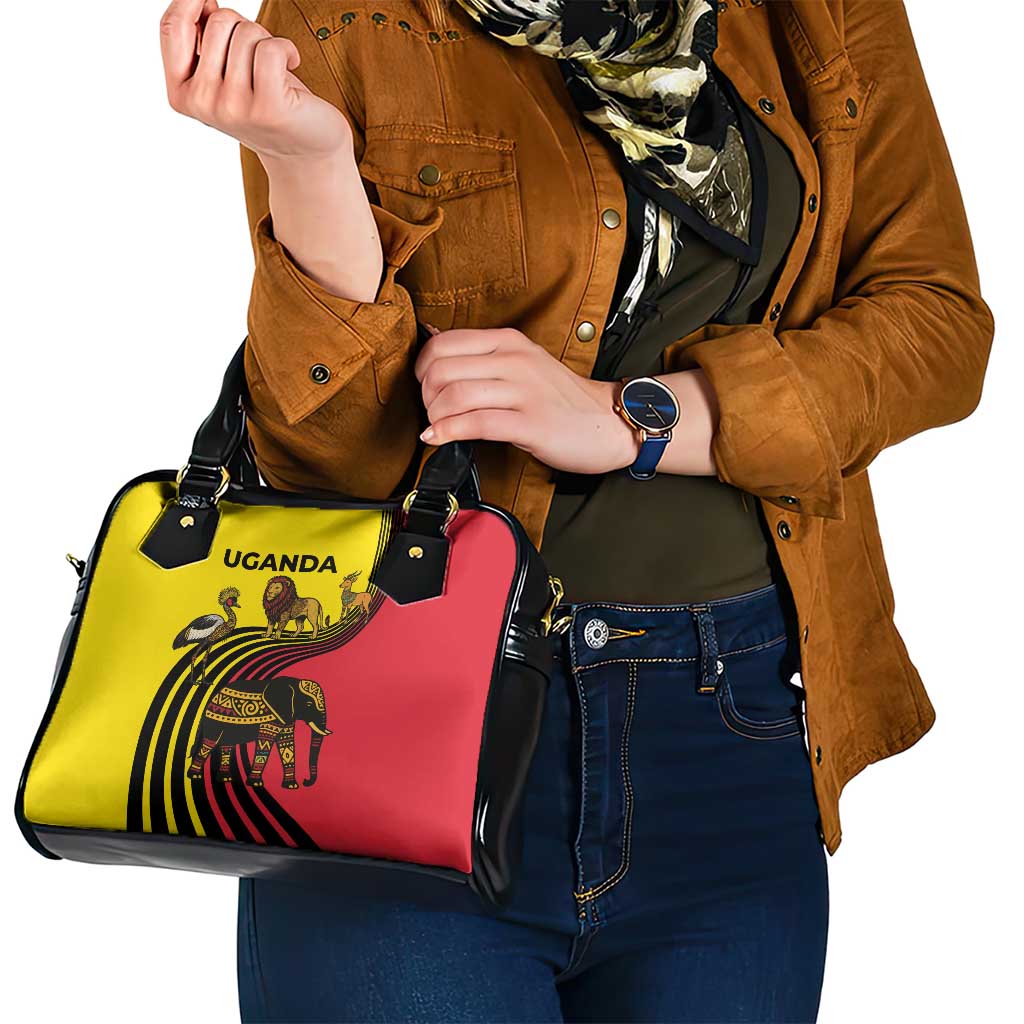 Uganda Shoulder Handbag with African Wildlife Elephant Lion and Crane in Tribal Pattern Design TS04
