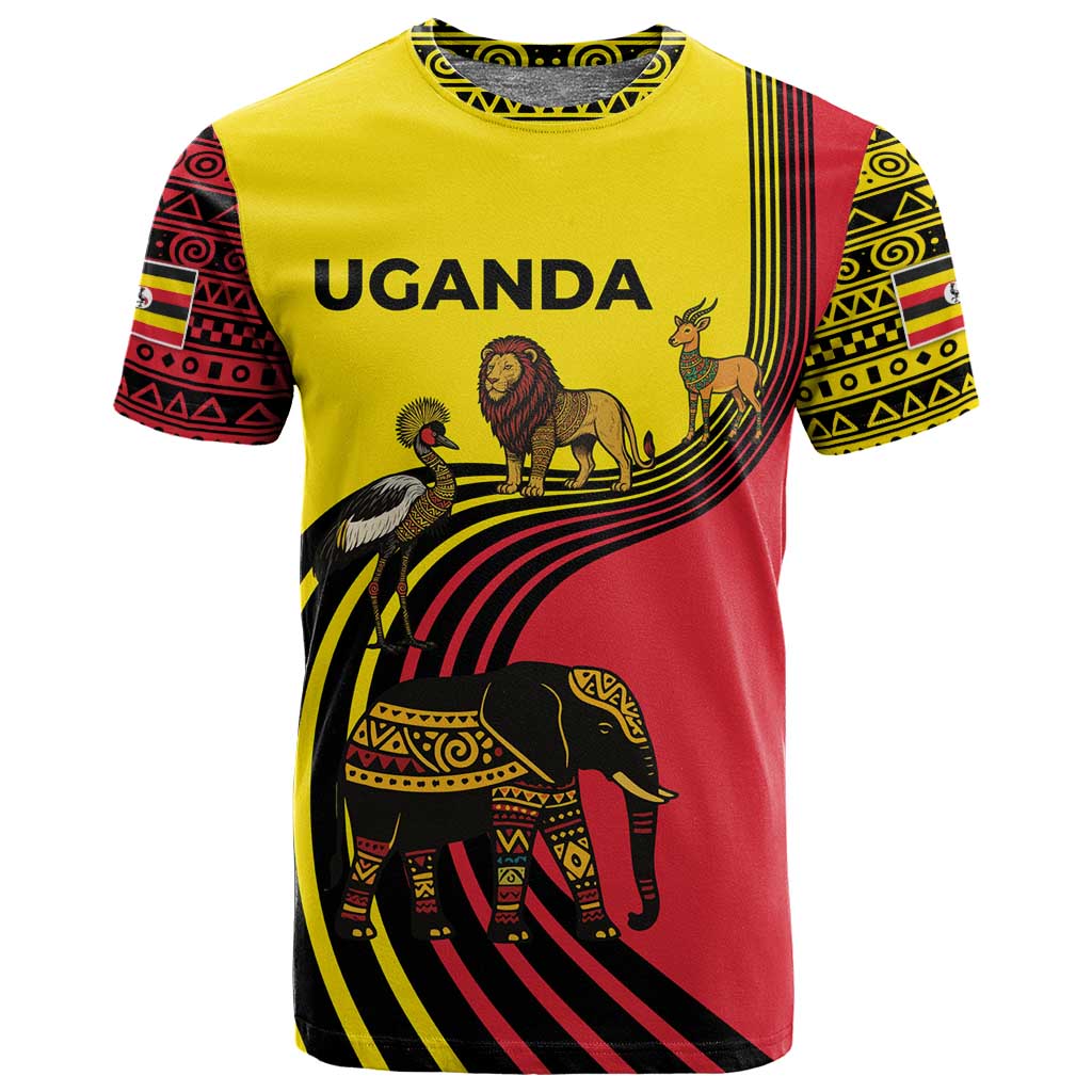 Uganda T shirt - African Wildlife Elephant Lion and Crane in Tribal Pattern Design TS04