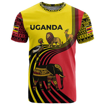 Uganda T shirt - African Wildlife Elephant Lion and Crane in Tribal Pattern Design TS04