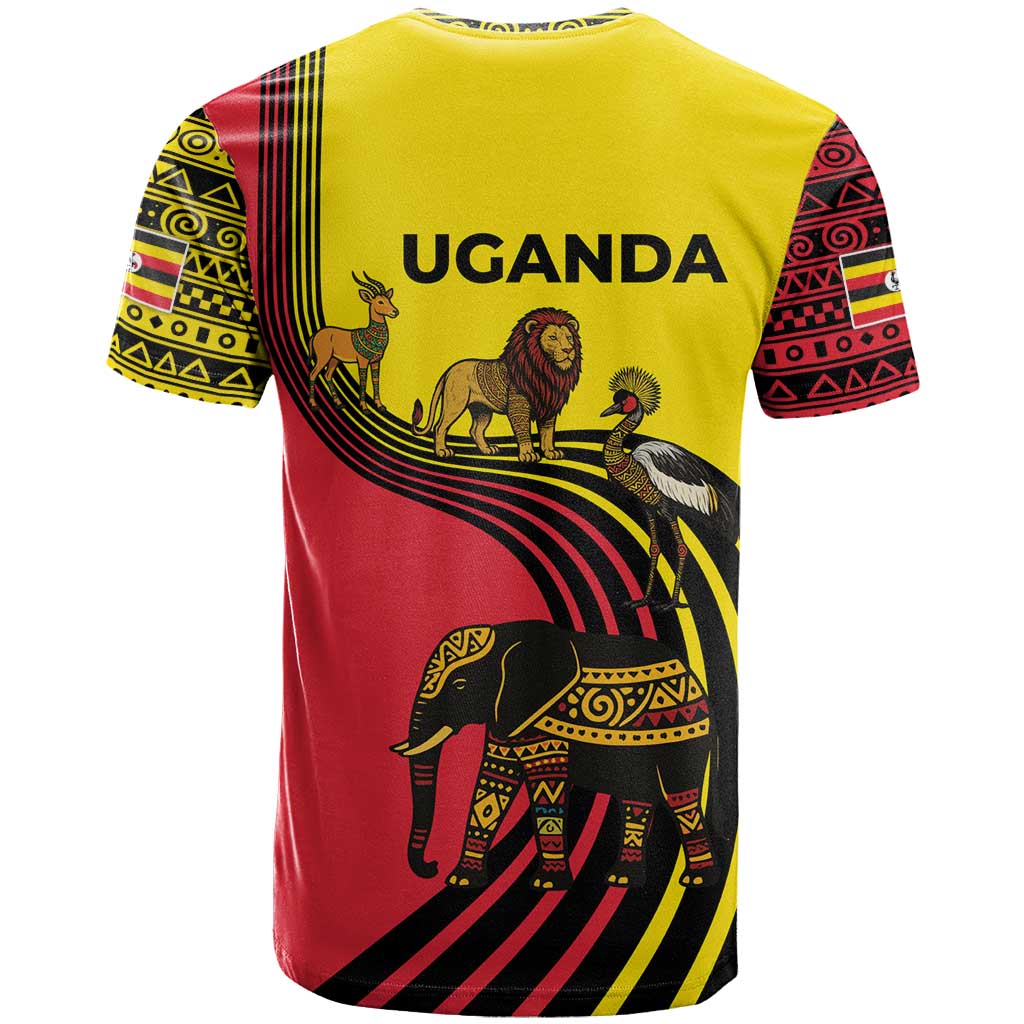 Uganda T shirt - African Wildlife Elephant Lion and Crane in Tribal Pattern Design TS04