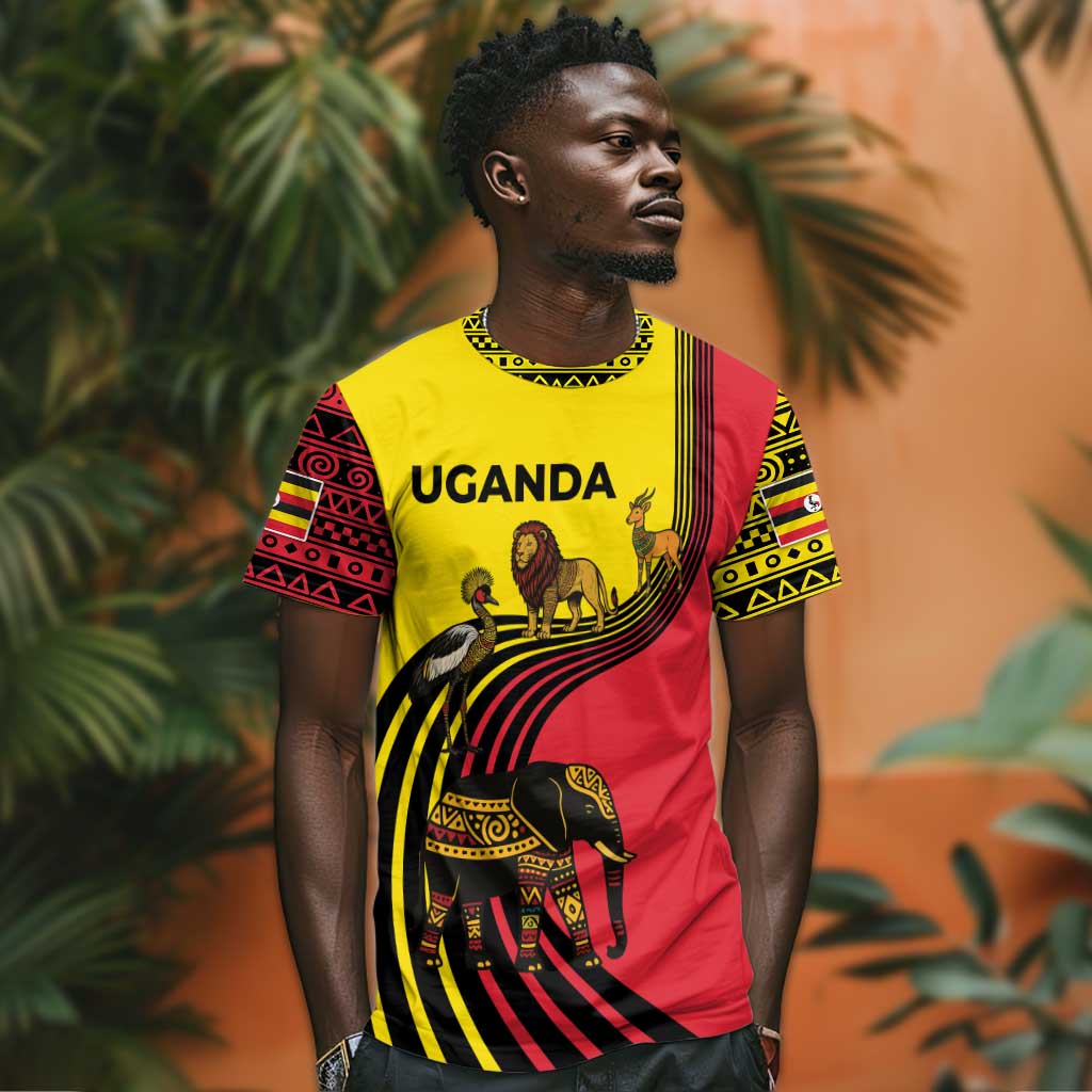 Uganda T shirt - African Wildlife Elephant Lion and Crane in Tribal Pattern Design TS04