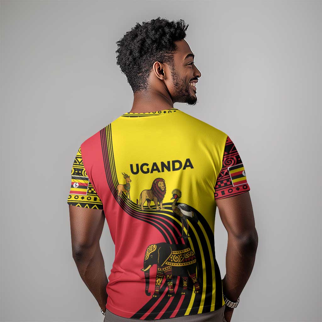 Uganda T shirt - African Wildlife Elephant Lion and Crane in Tribal Pattern Design TS04