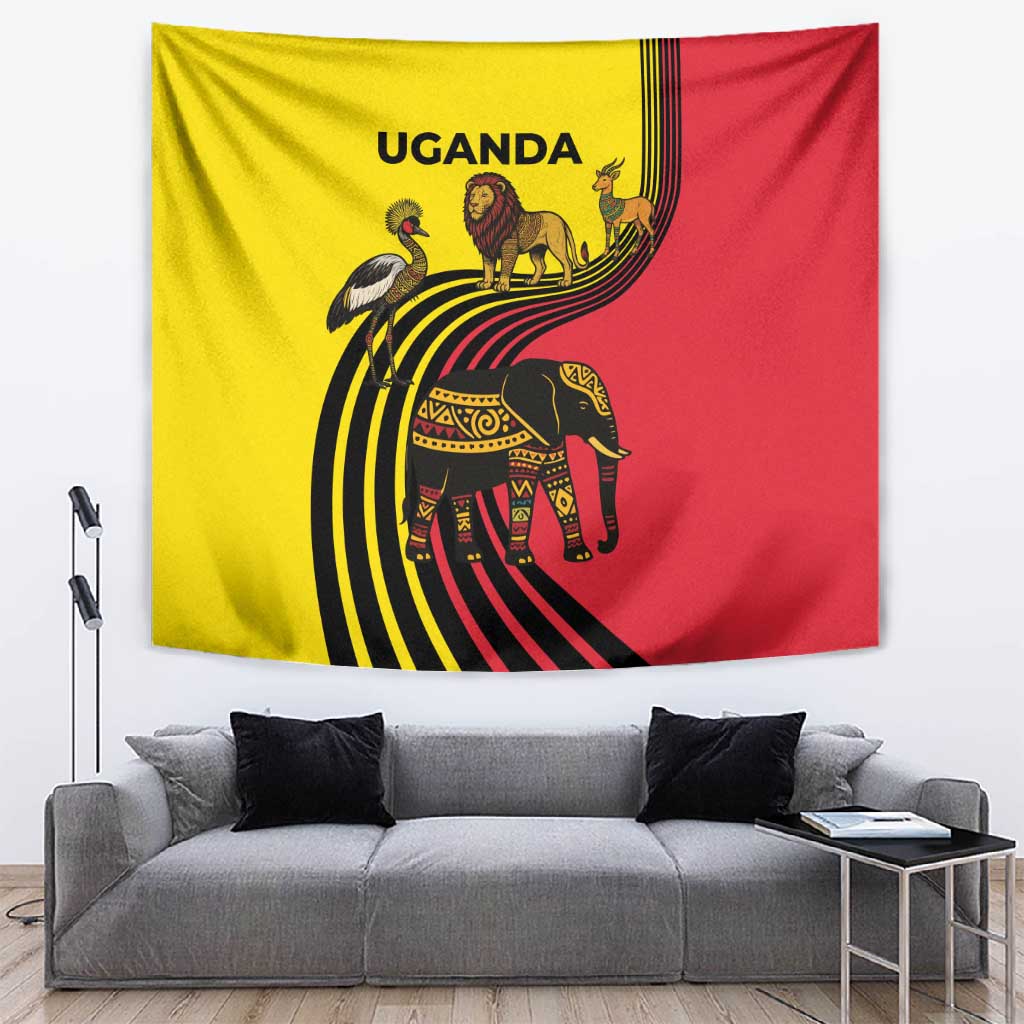 Uganda Tapestry - African Wildlife Elephant Lion and Crane in Tribal Pattern Design TS04