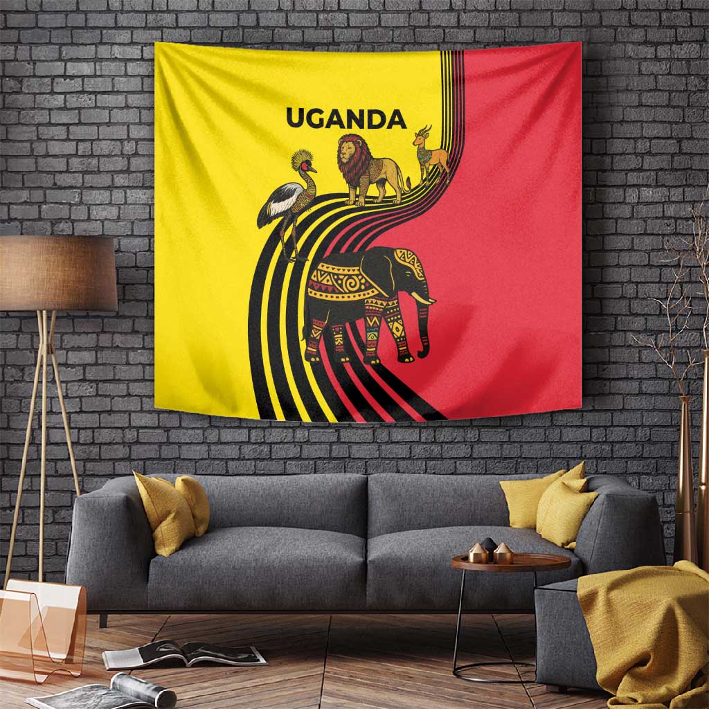 Uganda Tapestry - African Wildlife Elephant Lion and Crane in Tribal Pattern Design TS04